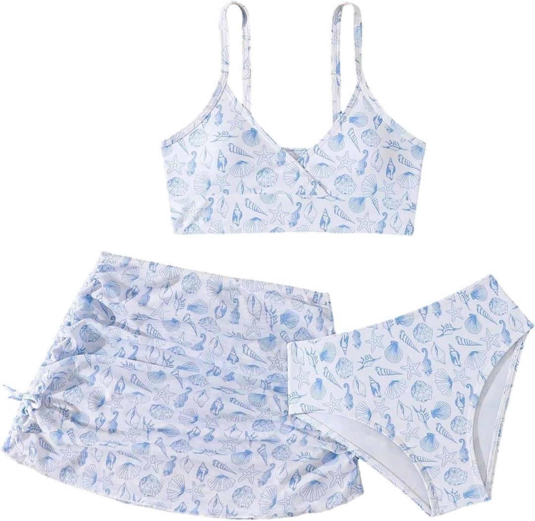 COZYEASE Girls' 3 Piece Set Floral Print Bikini Swimsuit with Drawstring Beach Skirt Cute Ruched Bathing Suit (9 Years, Blue Graphic White)
