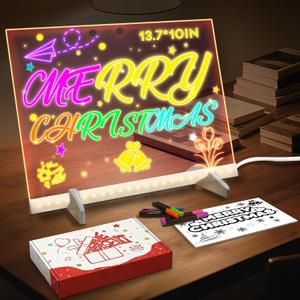 LED Drawing Board -13.7'' X 10" Doodle Glow Board for Christmas Gift, Room/Store/Festival,etc. with 4 Modes & 7 Colors, LED Glow Drawing Board with Adapter, 7 Markers & Tracing Paper
