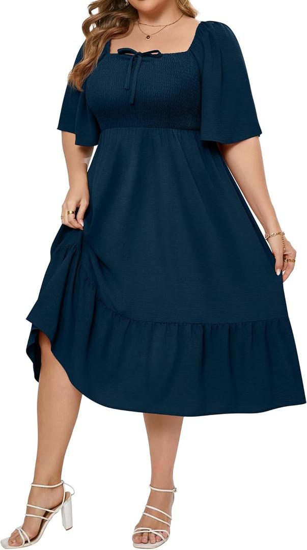 Ficerd Women's Plus Size Flowy Maxi Dress, Boho Bell Short Sleeves Square Neck Pleated Ruffle Layered A Line Party Long Dress 3X-Large