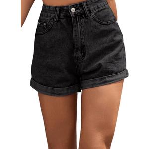 SweatyRocks Women's High Rise Roll Up Hem Straight Leg Denim Jean Shorts with Pocket (Medium, Black)