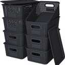 Plastic Storage Baskets with Lid-Plastic Storage Containers Stackable Storage bins: Storage Baskets for Organizing Shelves Drawers Desktop Closet Playroom Classroom Office, 8Pack-Black10.2x7.2x4.1Inch 