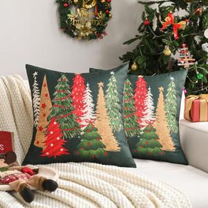 FUTEI Decorative Christmas Tree Pillow Covers 18x18 Inch Set of 2,Christmas Green Linen Cushion Cases, Winter Christmas Throw Pillows for Sofa Couch Bed Living Room