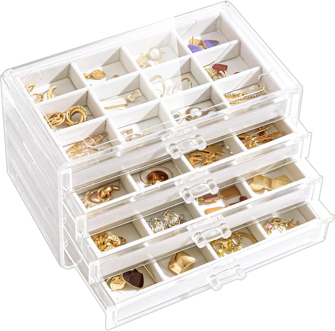 Lolalet Earring Holder Organizer Box Jewelry Storage with 4 Drawers, Clear Acrylic Stackable Earring Case with Adjustable Velvet Trays for Women on Dresser Vanity -Warmwhite, 4 Layers