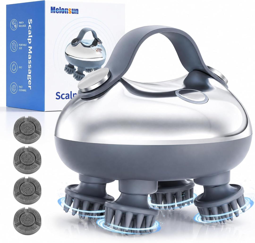 Electric Scalp Massager, Cordless Head Massager with Spa-Like Deep Kneading, Anti-Tangle Hair Care & Face Cleansing, 3 Modes, 8 Silicone Heads, Wellness Gifts for Women & Men, IPX7 Waterproof, USB-C