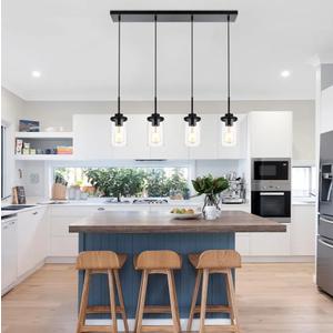 Kitchen Island Lighting with Clear Glass 4-Light Dining Room Light Fixtures Industrial Chandeliers Black Hanging Light for Kitchen Pool Table Lights Height Adjustable, 31.1 Inch Length