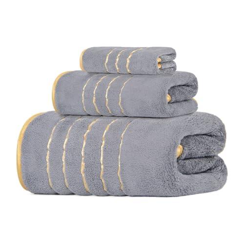 Gold Striped Coral Fleece 3-Piece Towel Set, Bath Towel Hand Towel Washcloth, Absorbent Quick Dry Home Towels Pink