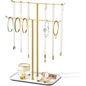 pickpiff Necklace Holder Jewelry Organizer Stand  2Tier TBar Jewelry Display Tree with Tray for Countertop Necklace Bracelet Earring Storage, Vanity Dresser Bathroom Sink, Gold pickpiff Necklace Holder Jewelry Organizer Stand  2Tier TBar Jewelry Display Tree with Tray for Countertop Necklace Bracelet Earring Storage, Vanity Dresser Bathroom Sink, Gold