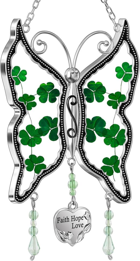 KY&BOSAM Shamrock Butterfly Suncatcher Faith Hope Love Irish Stained Glass for Windows Suncatchers Hangings Ornament Wind Chime with Real Flower as Gifts for Mom Mothers Day St Patrick's Day Decor
