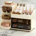 Large Makeup Organizer with Drawers, Spacious Cosmetics Display Case with Brush Holder for Vanity, Skin Care Storage Solution for Lipstick Eyeshadow Palettes Beauty Essential Bathroom