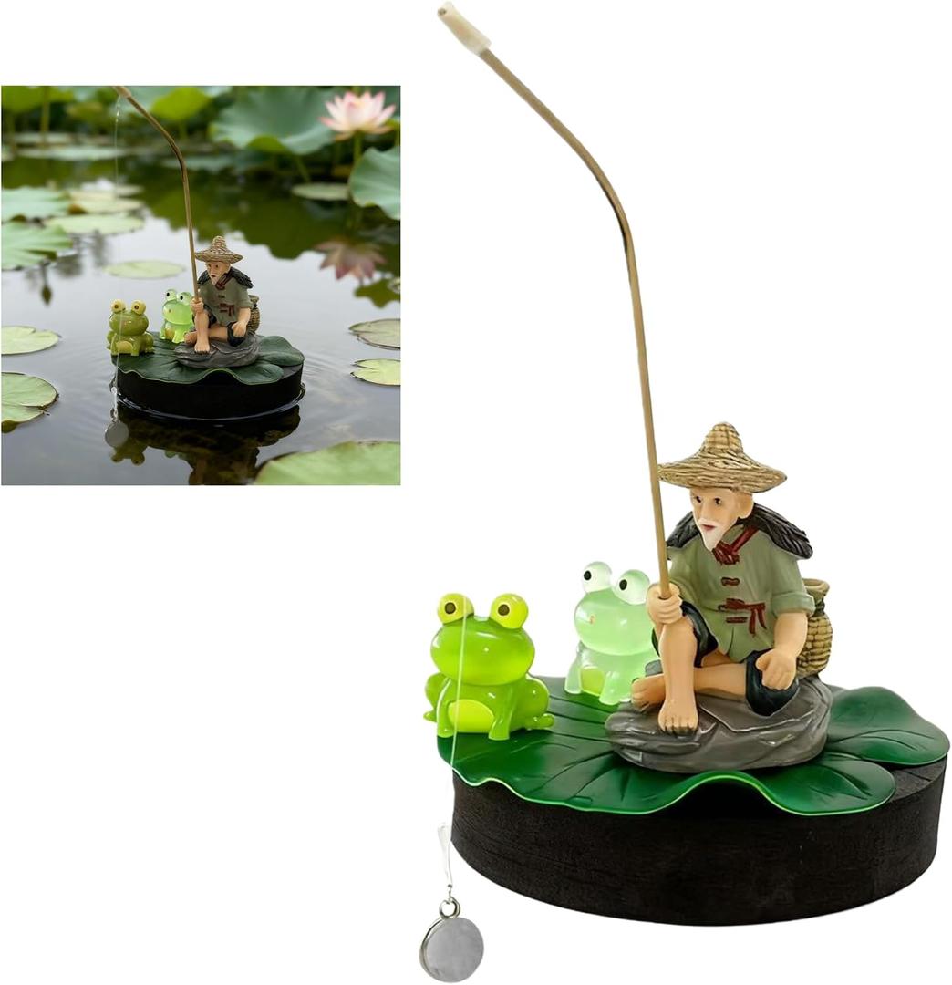 Floating Fish Tank Decorations, Mini Fisherman Aquarium Decor with Lotus Leaf and Fishing Rod, Floating Aquarium Ornaments with Interactive Feeder for Small Fish