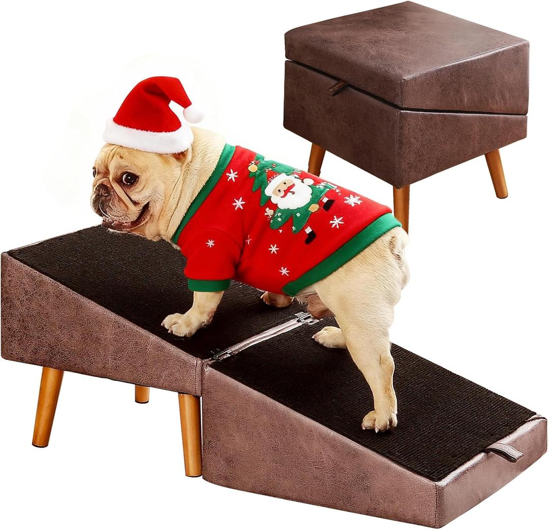 Dog Stairs for Small Dogs and Cats, Dog Ramp for Couch and Bed, Foldable 2-in-1 Wooden Pet Steps for Puppy, Split Ottoman DesignBrown