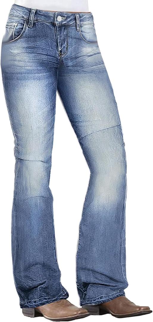 Flamingals Low Rise Boot Cut Jeans for Women Butt Lifting Western Pants with Pockets Flare Jeans Women (Large, Mid Blue)