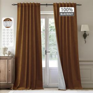StangH 100% Blackout Velvet Curtains for Living Room Bedroom Gold Brown Window Drapes for Fall Decor Thermal Insulated Hook Belt Back Tab Liner Curtains, W52 x L96, 2 Panels