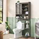 Over The Toilet Storage Cabinet, 31.5" L x 7.7" W x 66.9" H, Bathroom Organizer with Adjustable Shelves and Sliding Door, Farmhouse Above Toilet Storage for Small Bathrooms, Sturdy Metal Frame