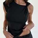 MakeMeChic Women's Asymmetrical Neck Sleeveless Twist Front Summer Tee Shirt Tops (Black, M)