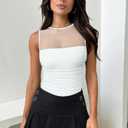 OQQ Women 2 Piece Bodysuit Mesh Ruched Sleeveless Turtle Neck Shapewear Body Suits One Piece Leotard Shirt Going Out Tops Small