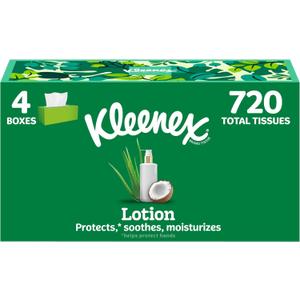 Kleenex Lotion Facial Tissues with Coconut Oil, 4 Flat Boxes, 180 Tissues Per Box, 3-Ply
