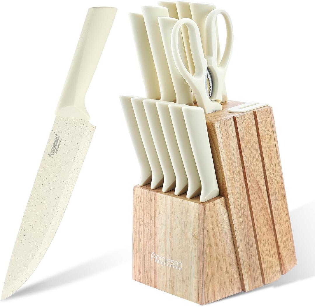Stainless Steel Knife Set, Knife Block Sets with Built-in Sharpener,15-Piece Block Set with Block and Ergonomic Handles (Beige)