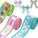 Easter Decorative Wired Ribbons 3 Rolls 20 Yards Bunny Egg Wired Edge Polyester Ribbon DIY Assorted Fabric Ribbons for Wreaths, Present Wrapping, Bow Decoration
