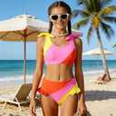 Toddler Girls Swimsuit Color Block Swimwear Kids Two Piece Bathing Suits Bowknot Beach Bikini Set, 7-8Y