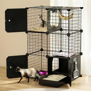 PAWING Cat Enclosure Indoor with Litter Box, 3-Tier Metal Wire Cat Cage, DIY Detachable Design for Cats, Kittens & Small Animals, Multi-Level Kennel