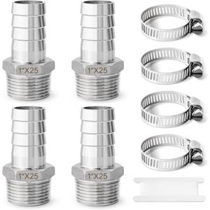 Stainless Steel Barbed Hose Fittings, 1" Hose Barb to 1" Male NPT Home Brew Fitting Water Fuel Air, Hose Barb Fittings Air Hose Repair Kit, Barbed Adapter with Hose Clamp, 9PCS