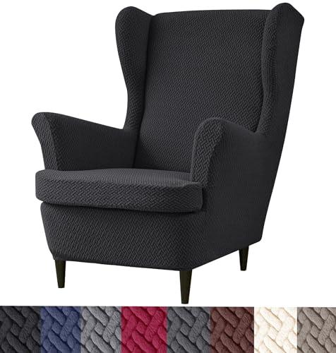 HFCNMY Wingback Chair Slipcover, 2 Piece Stretch Jacquard Wingback Chair Covers Thick Wing Back Chair Covers with Arms Wing Chair Slipcover Wing Back Chair Cover with Elastic Bottom Black