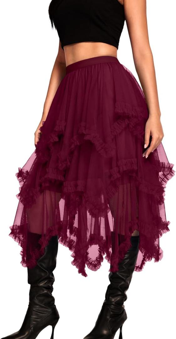 Kaei&Shi Long Tulle Skirt,High Waisted Asymmetrical Ruffle Skirts for Women,Renaissance Fairy Costume Concert Birthday Party