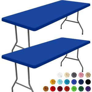 Moosfor Spandex 8 Foot Rectangle Table Cloth 2 Pack, Elastic Fitted Tablecloths for Picnic, Stretch Washable Patio Table Cover for Outdoor, Camping, Banquet and Parties (Blue, 30"x96")