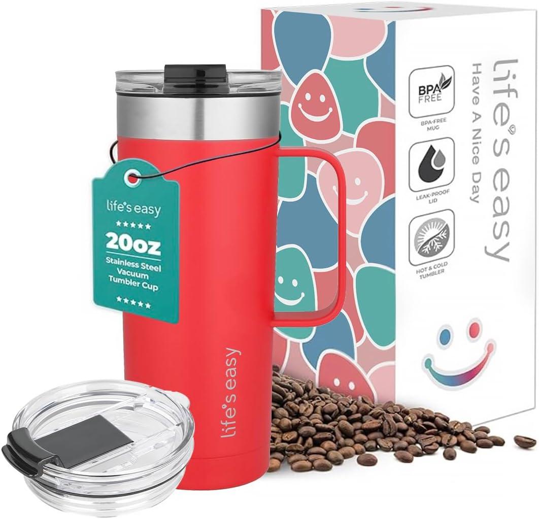 Life's Easy 20oz Stainless Steel Mug w/ Handle - Double Wall Insulated Travel Tumbler w/ Flip Lid - Leak Proof Tumbler-Thermal Cup for Coffee, Tea & More - Keep Hot & Cold Drinks (Red, 20 oz)