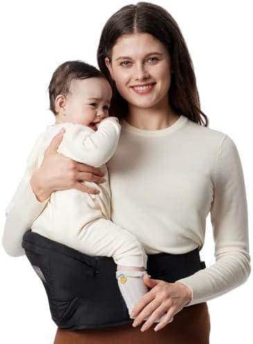 Momcozy Hip Seat Baby Carrier - Adjustable Waistband with Original 3D Belly Protector, Ergonomic Carrier with Various Pockets for Newborns & Toddlers up to 45lbs (Black, Large)