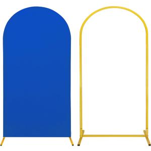 Metal Arch Stand and Cover Set,1 Royal Blue Spandex Fitted Backdrop with 1 Gold Wedding Arched Stand Frame for Parties Birthday Baby Shower Bridal Banquet Decoration (6.6FT)