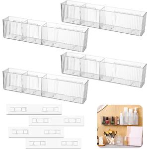 4 Pack Bathroom Wall Makeup Organizer Plastic Wall Mount Storage Organizer Clear No Drilling Hang Walls Adhesive Shower Shelf Cabinet Shelves with 3 Compartments for Bathroom Kitchen