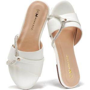Women's Flat Sandals Rhinestone Strappy Buckle Slides With Soft Memory Foam Insole, Dressy Beach Leather Slippers for Summer Vacation (7, White)