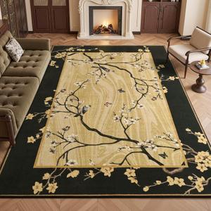 8x10 Area Rugs for Living Room, Oriental Floral Birds Large Washable Rug for Bedroom, Soft Low Pile Non Slip Carpet for Dining Room Kids Room Farmhouse Office Home Decor, Black Gold