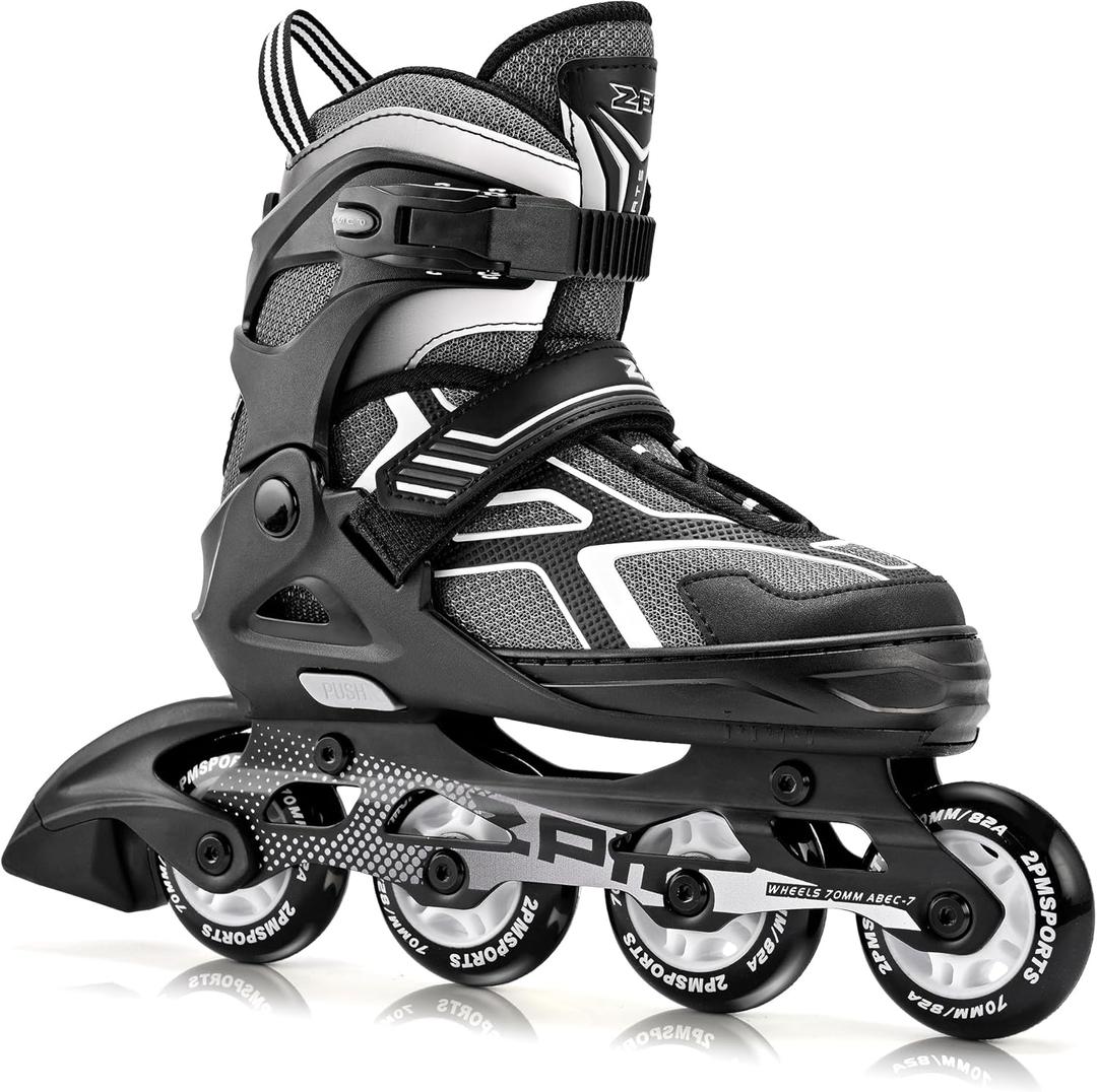 2PM SPORTS Torinx Green Boys Adjustable Inline Skates, Fun Beginner Roller Skates for Kids, Youth, Girls, Men and Women (Large - Youth (4-7 US), Black)