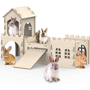 Large Bunny House and Hideouts, Wooden Dual-Layer Rabbit Castle with Stair, Rubber Band-Free Setup - Chew-Proof, Sturdy Habitat for Guinea Pig Chinchilla Ferret (Rabbit House)