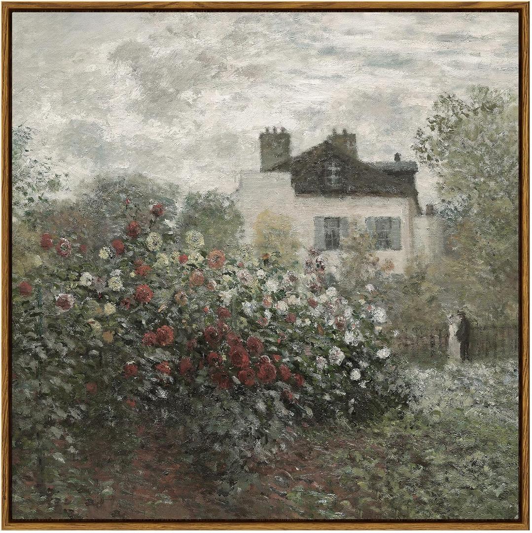 InSimSea Square Framed Canvas Wall Art, Large Decor Monet Flower Garden Paintings, Garden Scenery Wall Pictures for Bedroom Bathroom Living Room, Canvas Prints Vintage Farmhouse Decor 24"x24"