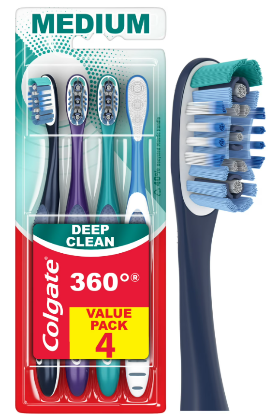 Colgate 360 Whole Mouth Toothbrush, Adult Toothbrushes Medium Bristles, Helps Remove Bad Breath Bacteria and Plaque, Medium Toothbrush Pack, Includes Cheek and Tongue Cleaner, 4 Pack