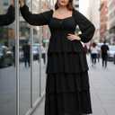 EYWOL Womens Plus Size Floral Tiered Ruffle Long Sleeve Evening Party Wedding Guest Dress (Black, M)