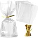 Zcintert Clear Cello Cellophane Treat Bags, 50 Pcs - 15.8" x 19.7" (2mils), Plastic Gift Bags for Candy, Party Favor, Cookies, Candies Packaging, with 4 Twist Ties