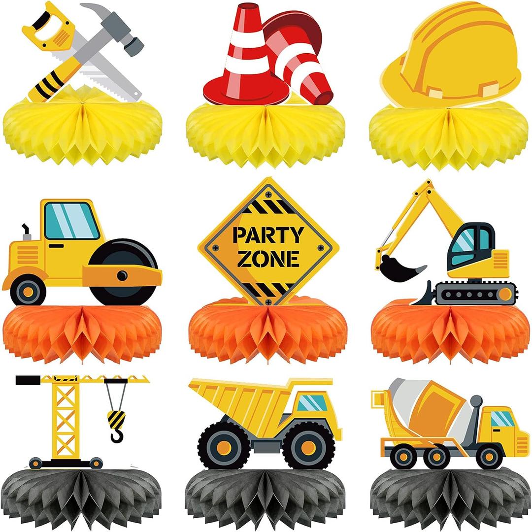 3 x Threan 9 Pieces Construction Party Centerpieces Honeycomb Car Truck Zone Centerpieces 3D Table decorations for Baby Shower Birthday Party favors Supplies