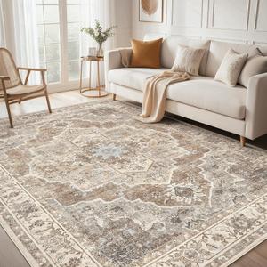 9x12 Washable Area Rug: Vintage Neutral Soft Non Slip Thin Large Floor Carpet for Living Room Bedroom Kitchen Dining Room Home Office Farmhouse Indoor - Beige Brown