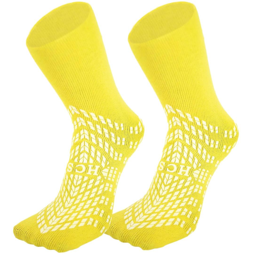 HCS Hospital Socks with Grips for Women & Men (6 Pairs) - 360 All-Around Tread Non-Slip Sock, Elderly/Seniors - Hospital Grip Socks, Women, Men - Fall Risk Patient Slippers (Yellow, Regular)