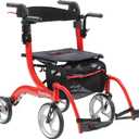 Drive Medical Nitro Duet Dual Function Foldable Rollator Walker & Transport Wheelchair for Seniors & Adults - Hand Activated Brakes & Back Support - Large Front Wheels - Red
