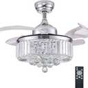 DuMaiWay 48" Chandelier Ceiling Fan with Lights, Fandelier, Retractable Crystal Ceiling Fan Chandelier with Remote Control LED Light for Bedroom Living Room Polished Chrome Silver 6 Speed 3 Light