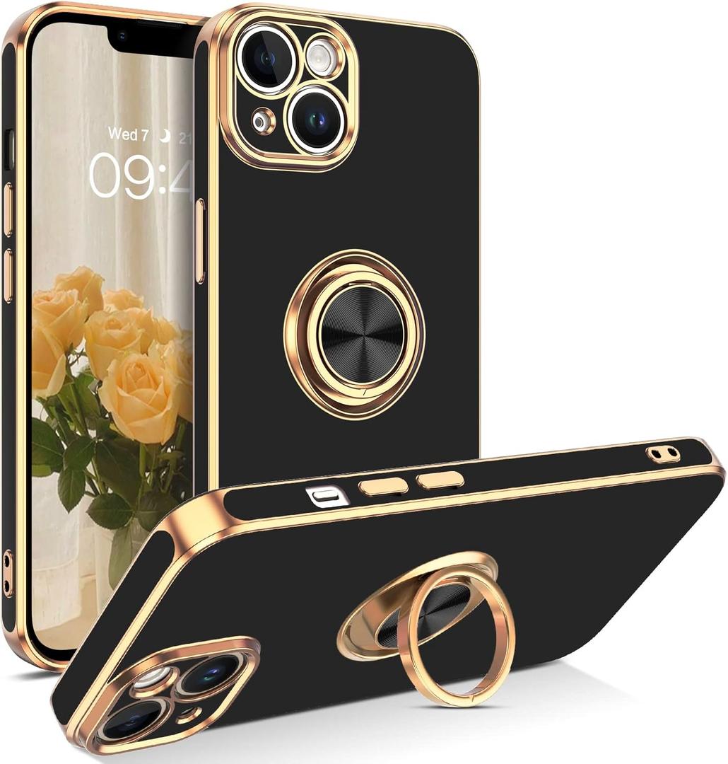 VENINGO iPhone 14 Case,Phone Case for iPhone 14,Slim Fit Soft 360 Ring Holder Kickstand Magnetic Car Mount Supported Easy Clean Shockproof Protective Cover for iPhone 14 6.1" 2022, Black/Golden