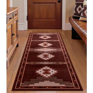 Western Hallway Runner Rug 2x6 Non-Slip, Washable Mid Century Modern Runner Rug, Southwestern Low Pile Entryway Rug for Kitchen, Bedroom, Laundry Room-Brown/Red