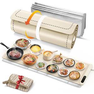 FYY Extra Long Warming Mat for Food with Heat Resistant Pad, Prevent Countertop Cracks, Keep Meal Warm, Rapid and Full Surface Heating, 6 Temp Settings, 6H Timer, Rollable Portable Food Warmer, Beige