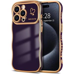 Hython for iPhone 15 Pro Max Case Wave Wavy Phone Cases with Love Heart, Luxury Plating Edge Cute Curly Shape Cover for Women Girls, Thin Slim Soft TPU Rubber Shockproof Protective Cover, Dark Purple, Set Of 6